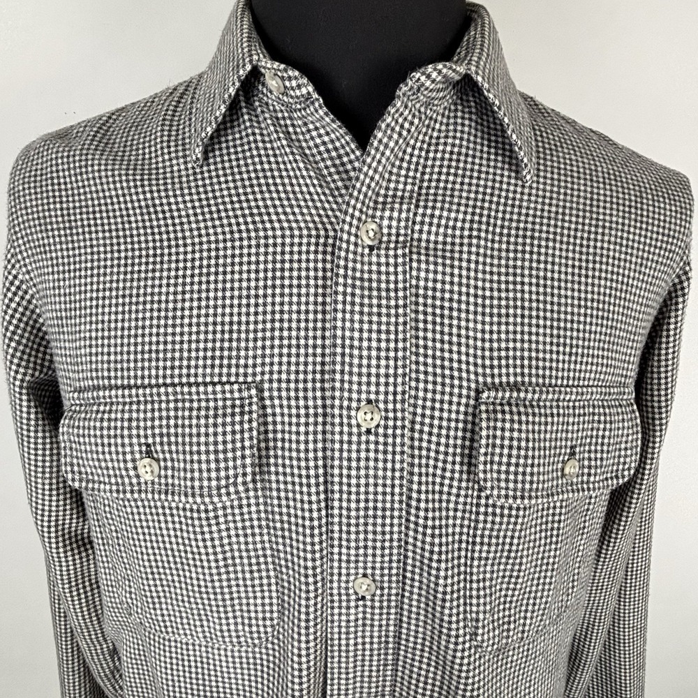 Vintage LL Bean Shirt Men M Black White Cotton Chamois Flannel Gingham Plaid USA